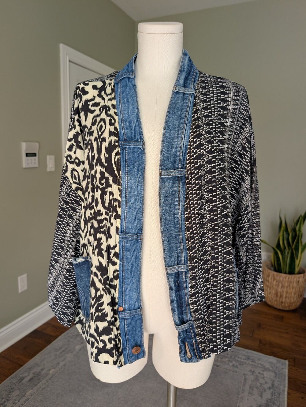 Shannon Passero Artsy Mixed Print Upcycled Denim Cardigan XXL